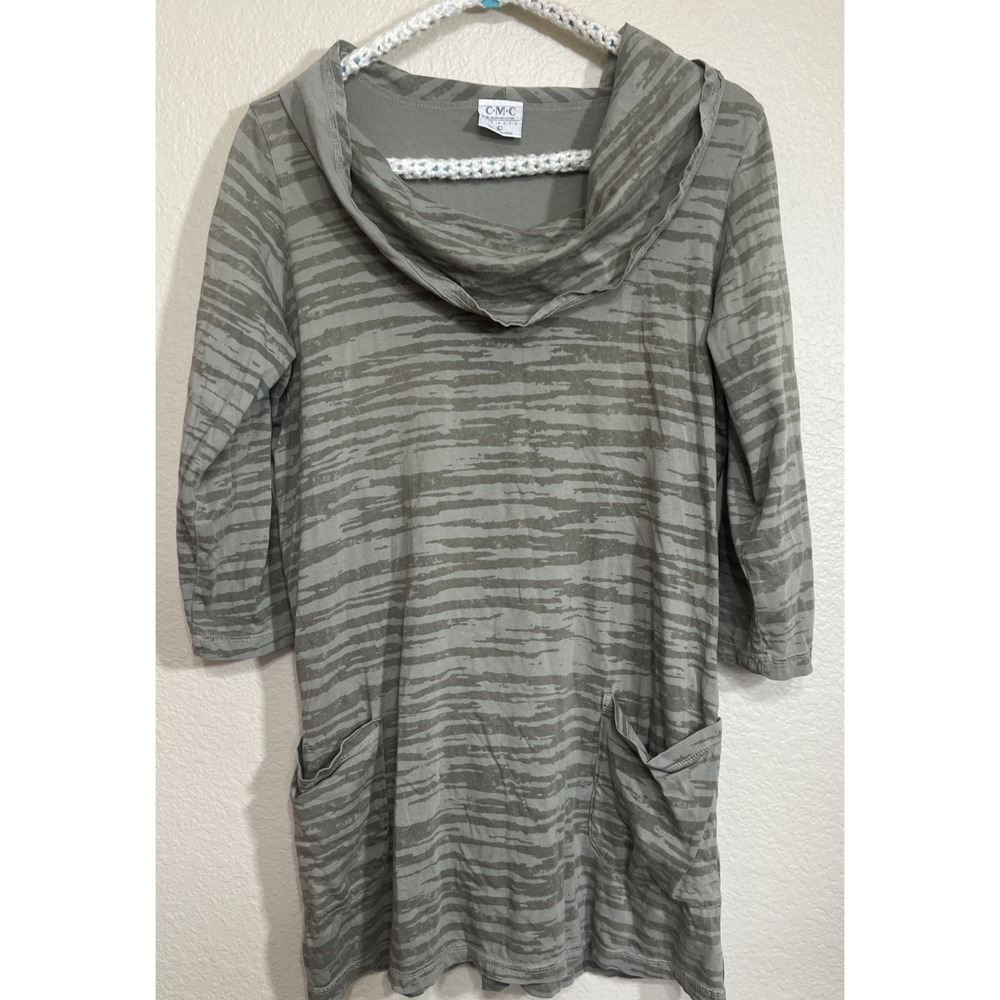 CMC COLOR ME COTTON Womens LARGE Gray/‎ Green Cowl Neck Tunic Top